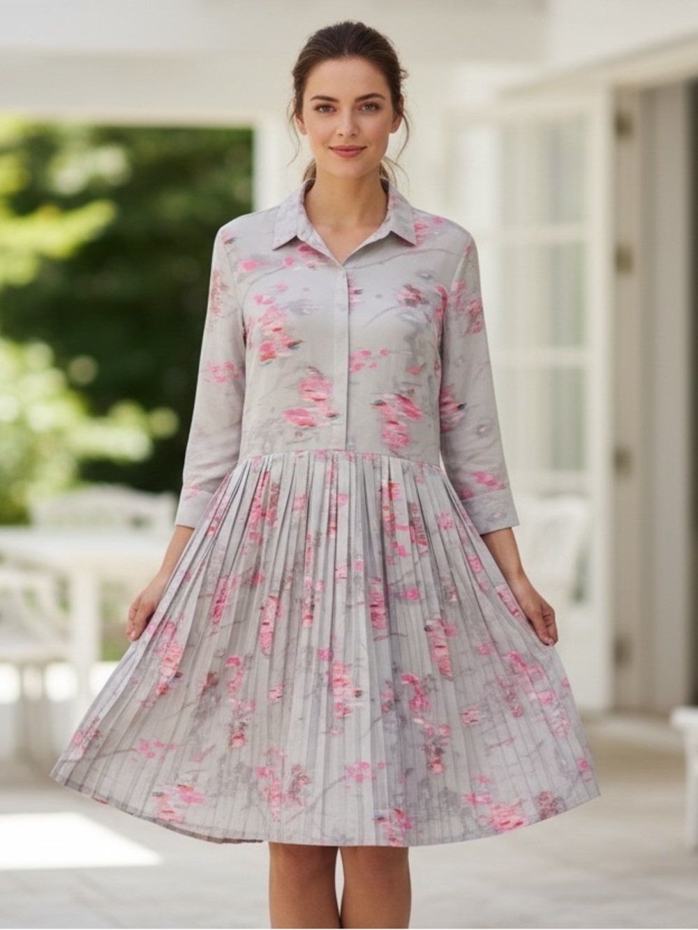 Banana Republic Watercolor Gray & Pink Accordion Pleated Midi Shirt Dress